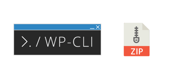 Une fenêtre de terminal stylisée avec "WP-CLI" à côté d'une icône de fichier ZIP - parfait pour sauvegarder vos extensions WordPress. La fenêtre du terminal a une barre de titre bleue, un fond noir, et l'icône ZIP grise et blanche comporte une étiquette "ZIP" rouge.