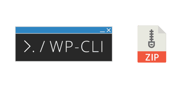 Une fenêtre de terminal stylisée avec &quot;WP-CLI&quot; à côté d'une icône de fichier ZIP - parfait pour sauvegarder vos extensions WordPress. La fenêtre du terminal a une barre de titre bleue, un fond noir, et l'icône ZIP grise et blanche comporte une étiquette &quot;ZIP&quot; rouge.