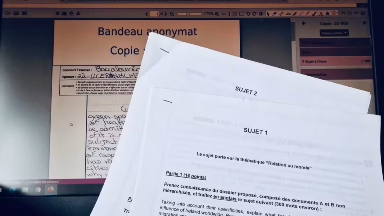 Plusieurs sujets d'examen sont posés sur un bureau, recouvrant partiellement un écran sur lequel est inscrit "Bandeau anonymat Copie" (Santorin - Cyclades). La scène suggère la correction de l'épreuve de spécialité LLCE anglais sur Santorin.