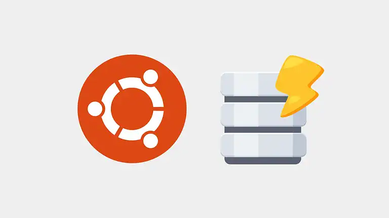 Un logo Ubuntu orange apparaît à gauche, tandis qu'à droite se trouve une pile stylisée de trois disques de serveur blancs avec un éclair jaune, symbolisant les capacités de base de données à grande vitesse - parfaites pour avertir un administrateur de courrier électronique lors d'un redémarrage du serveur.