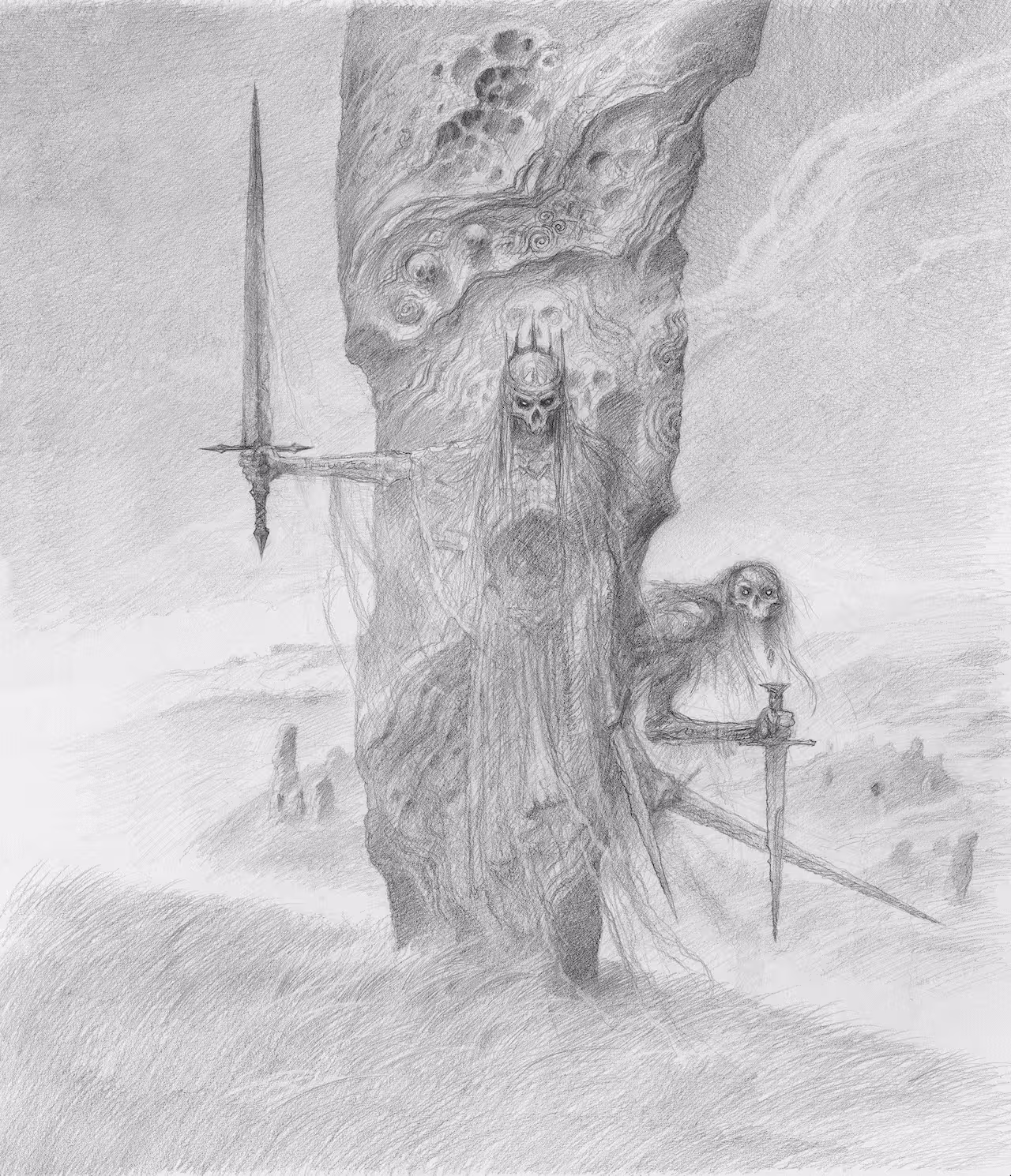 Un personnage squelettique en armure se tient devant un monolithe usé par les intempéries, l'épée à la main et la cape en lambeaux - une scène qui rappelle l'imaginaire médiéval de John Howe, inspiré de Tolkien. Des ruines brumeuses et des formes fantomatiques complètent cette esquisse surnaturelle.