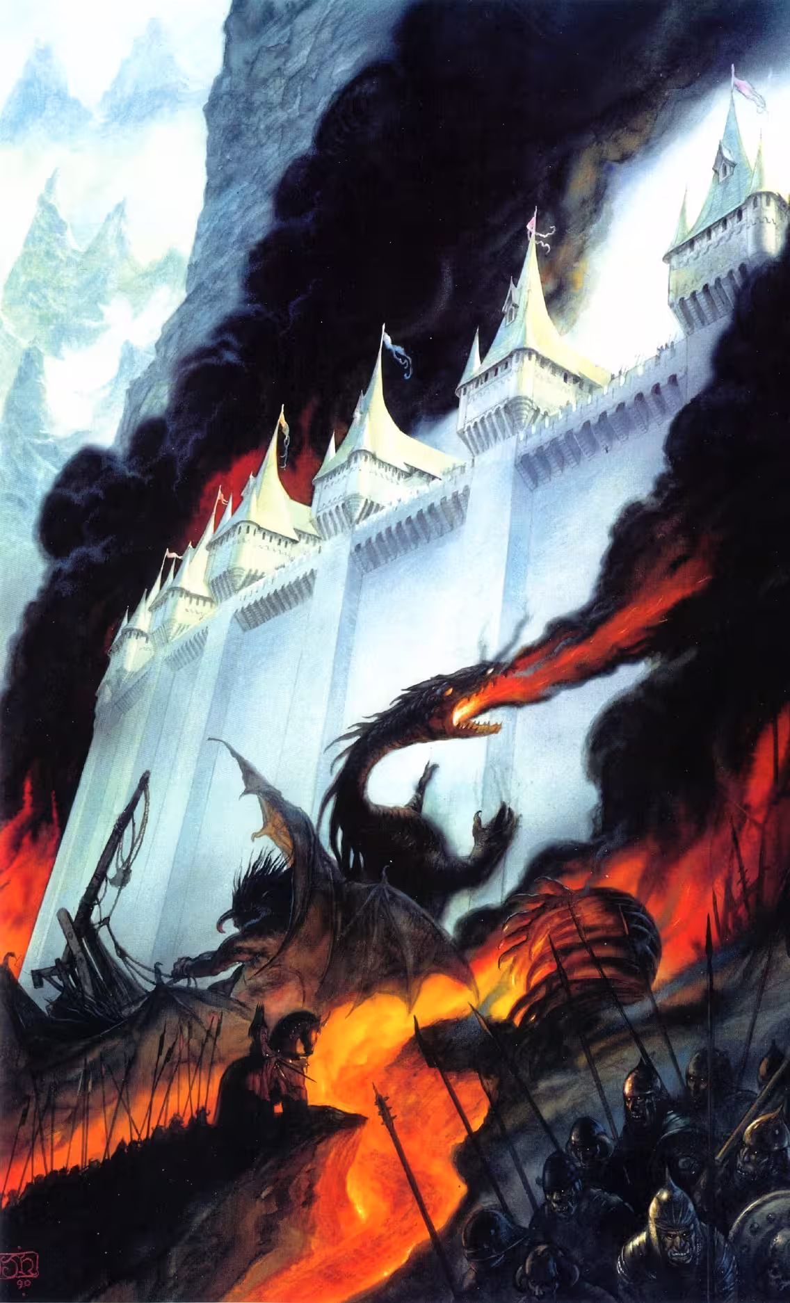 Un énorme dragon noir crache du feu sur une forteresse blanche dotée de hautes tours, évoquant un imaginaire médiéval à la Tolkien. Les flammes, la fumée et le chaos engloutissent les structures effondrées et les soldats en armure, tandis que des montagnes enneigées se profilent sous un ciel dramatique et orageux.