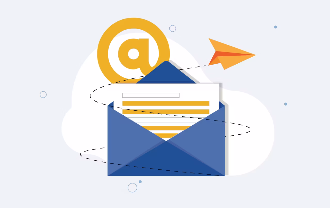 Illustration d'une enveloppe bleue avec une lettre blanche à l'intérieur, comportant des lignes de texte jaunes. Un grand symbole jaune "@" apparaît derrière l'enveloppe et un avion en papier orange vole à droite. Des formes abstraites bleu clair et des lignes pointillées entourent les objets.