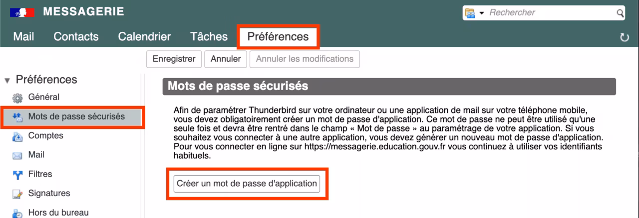 Capture d'écran d'une page de configuration du courrier électronique en français. Les sections "Préférences" et "Mots de passe sécurisés" sont sélectionnées. Les instructions sont affichées, avec un bouton intitulé "Créer un mot de passe d'application" mis en évidence à droite.