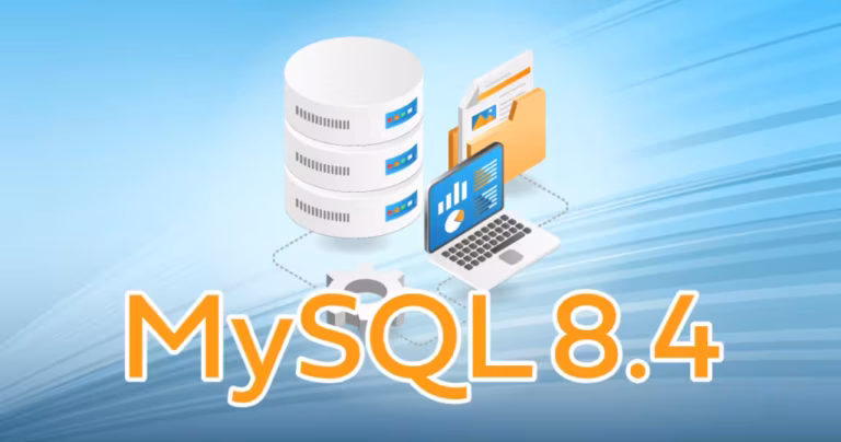 Illustration de deux icônes de serveur de base de données, d'un dossier et d'un ordinateur portable affichant des graphiques, le tout relié par des lignes pointillées sur un fond bleu dégradé. Un grand texte superposé indique "MySQL 8.4 LTS" en orange et blanc, mettant en évidence la migration MySQL 8.4.
