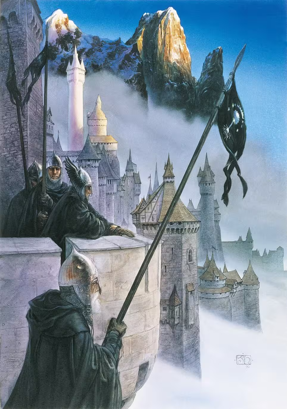 Quatre gardes en armure tenant des lances se tiennent sur un balcon de pierre surplombant un vaste château brumeux aux multiples tours, dans une scène qui rappelle l'imaginaire médiéval de John Howe. Des montagnes enneigées s'élèvent derrière le château, sous un ciel d'un bleu éclatant.