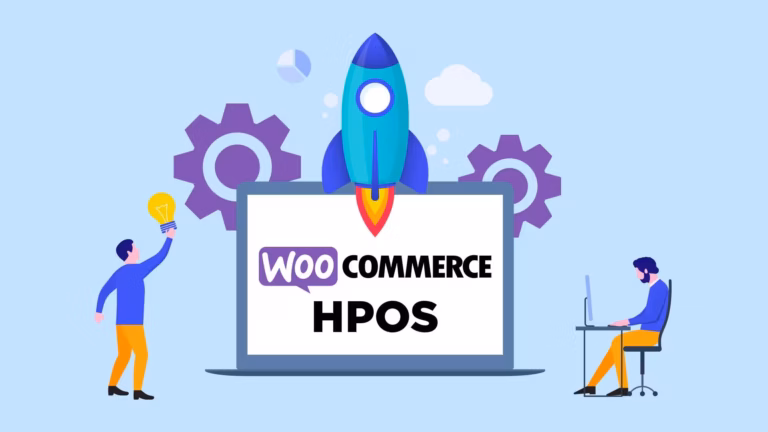 Illustration d'une fusée lancée à partir d'un écran d'ordinateur portable affichant "WooCommerce HPOS". Deux personnes travaillent à des bureaux de chaque côté, avec des engrenages et des nuages en arrière-plan, symbolisant le stockage des commandes à haute performance et le progrès technologique. Fond bleu clair.