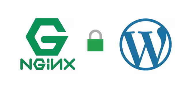 L'image montre le logo NGINX à gauche, un symbole de cadenas vert au milieu, et le logo WordPress à droite, suggérant un hébergement WordPress sécurisé avec NGINX - idéal pour ceux qui veulent bloquer l'énumération des utilisateurs WordPress. L'arrière-plan est transparent.