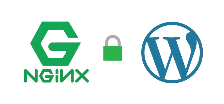 L'image montre le logo NGINX à gauche, un symbole de cadenas vert au milieu, et le logo WordPress à droite, suggérant un hébergement WordPress sécurisé avec NGINX - idéal pour ceux qui veulent bloquer l'énumération des utilisateurs WordPress. L'arrière-plan est transparent.