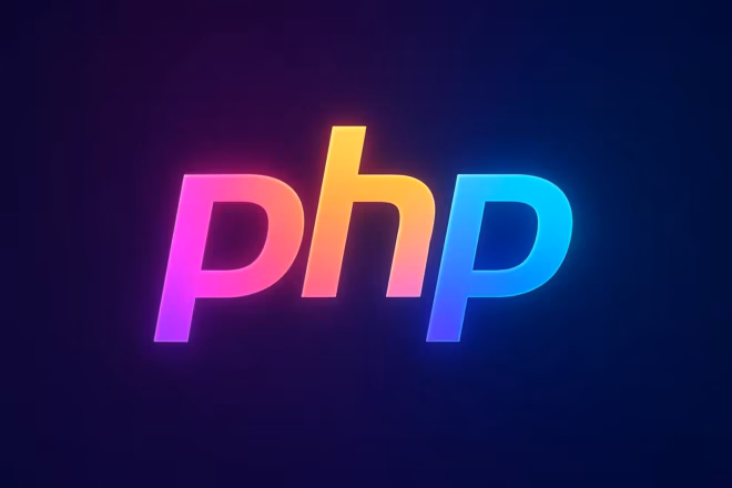 L'image montre le texte "php" en minuscules avec une police moderne et audacieuse, mettant en évidence PHP 8.5. Le dégradé passe du rose à l'orange puis au bleu sur un fond bleu foncé, créant un effet vibrant et lumineux.