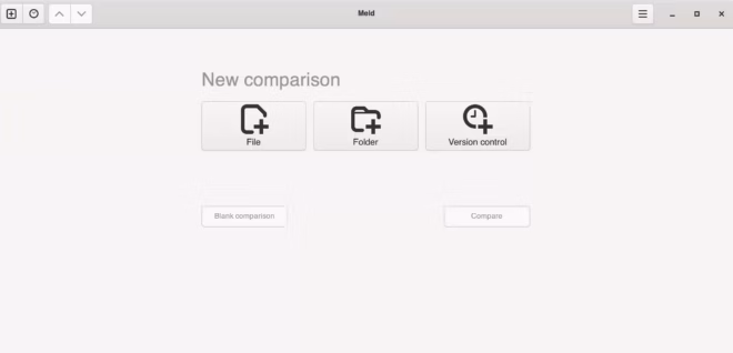 Fenêtre d'un logiciel intitulé "Meld" affichant un écran "Nouvelle comparaison" avec trois options : Fichier, Dossier et Contrôle de version. Idéal comme outil de comparaison, il comporte des boutons "Comparaison vierge" et "Comparer". L'arrière-plan est blanc et minimaliste.