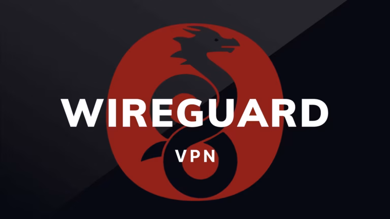 Un dragon noir stylisé forme un cercle à l'intérieur d'un grand ovale rouge. Au centre, un texte blanc en gras indique "VPN WireGuard" et en dessous, en plus petit, "guide complet", tous deux superposés au dragon. L'arrière-plan est sombre avec des blocs de couleur en diagonale.