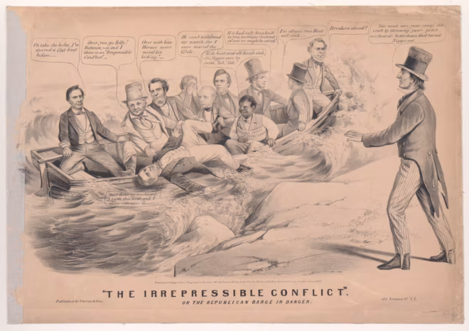 Political cartoon depicting Abraham Lincoln and Republican leaders during the sectional crisis of 1860.