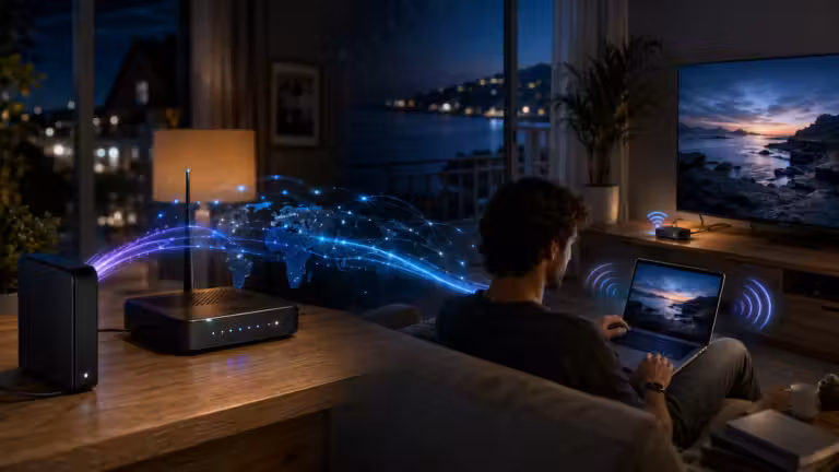 Un MacBook diffuse sur une Chromecast une vidéo stockée à distance sur le disque dur d’une Freebox via Internet.