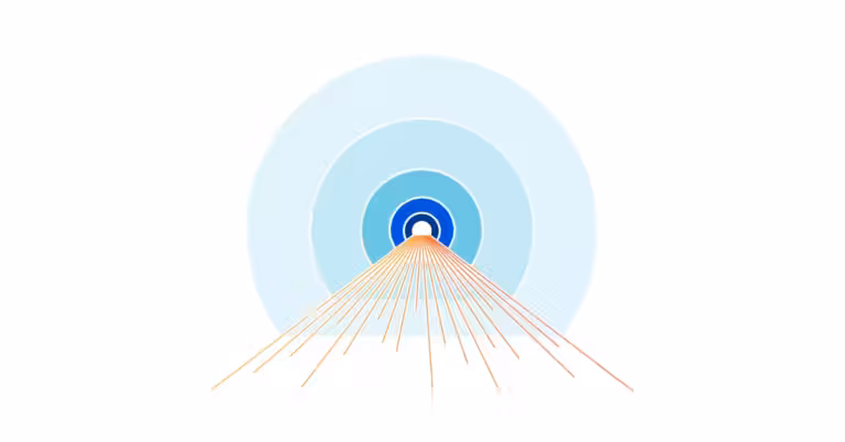 Illustration abstraite représentant une série de cercles bleus concentriques centrés vers le bas, d'où partent des lignes jaunes et orange qui rayonnent en éventail à partir du centre. Le fond est blanc et épuré, évoquant une impression d'organisation précise qui rappelle la « mise en place » par son agencement délibéré.