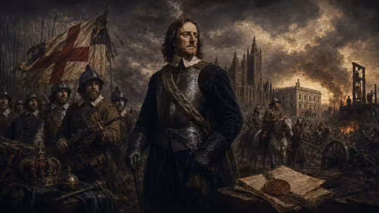 Oliver Cromwell standing with Parliamentarian soldiers during the English Civil War, with Westminster, a broken crown and the execution scaffold behind him