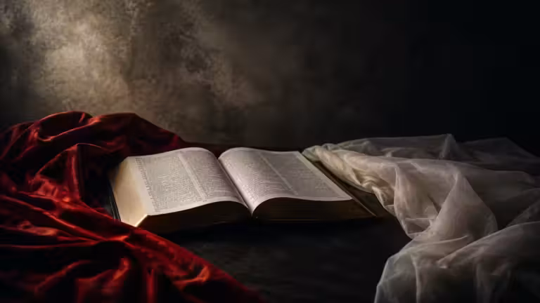 Open Bible beside red cloth and white fabric, symbolising the Ceremony in The Handmaid’s Tale
