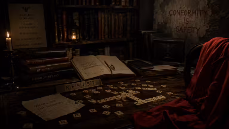 Dark study with books, Scrabble tiles and red fabric, symbolising forbidden reading in The Handmaid’s Tale