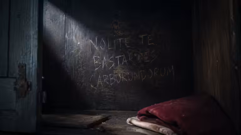 Hidden Latin phrase “Nolite te Bastardes Carborundorum” scratched inside a dark wooden cupboard, symbolising resistance in The Handmaid’s Tale