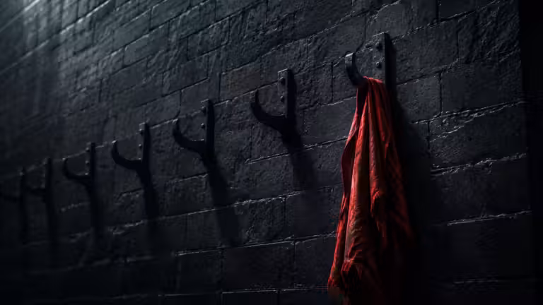 Dark brick wall with empty hooks and a red cloth, symbolising public punishment in The Handmaid’s Tale
