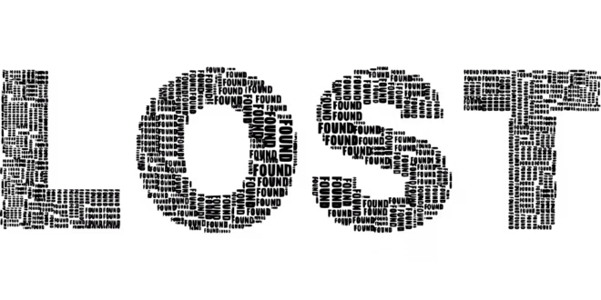 Le mot "LOST" est formé de plusieurs petits mots noirs qui répètent "FOUND" sur un fond blanc, évoquant le contraste entre être perdu et retrouvé - un peu comme corriger les images perdues dans WordPress.