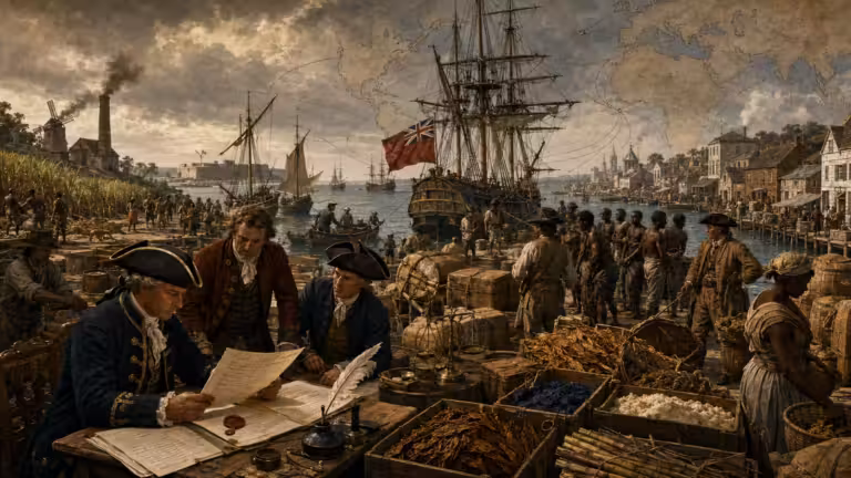 British customs officers inspect shipping documents at an eighteenth-century Atlantic port while merchants, sailors and enslaved workers handle colonial cargo beside merchant ships
