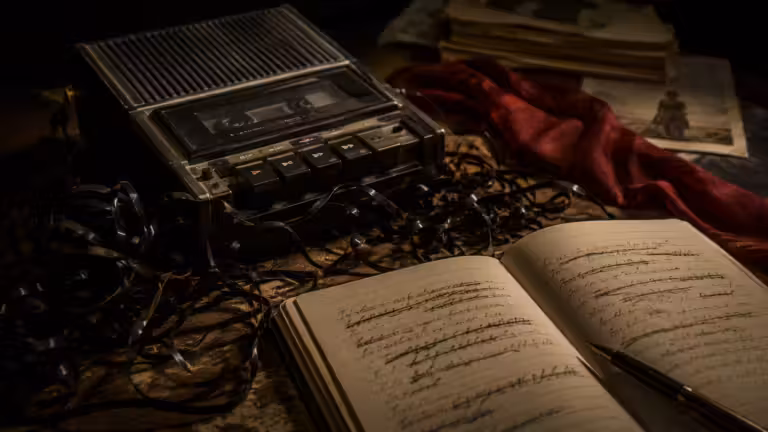 Old tape recorder with tangled audio tape, crossed-out notes and red fabric, symbolising Offred’s unreliable narration in The Handmaid’s Tale