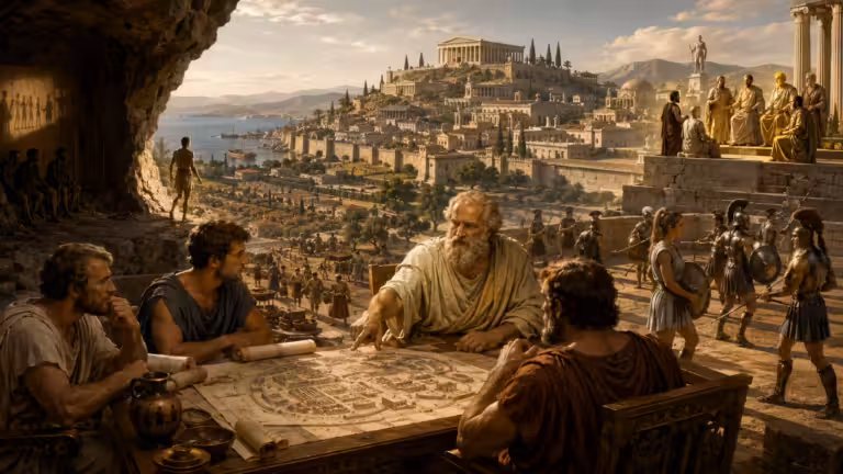 Socrates discusses a plan of Kallipolis while producers, guardians and philosopher-rulers inhabit Plato’s ordered ideal city.