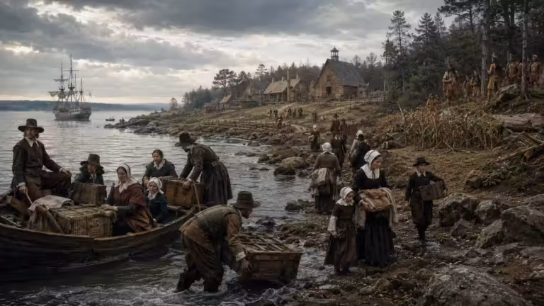 Puritan family arriving in New England during the Great Migration, unloading belongings on a rocky shore near an early colonial settlement while Indigenous inhabitants observe from the woodland
