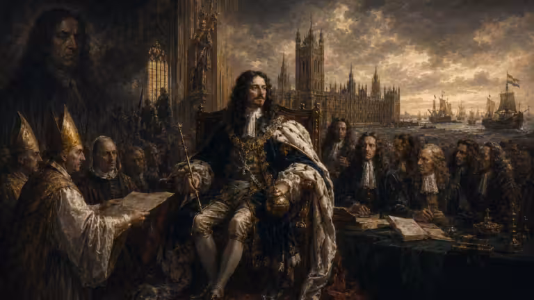 Charles II restored to the English throne as Parliament, Anglican bishops and Dutch ships foreshadow the political and religious crisis leading to the Glorious Revolution