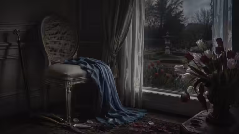 Empty chair beside blue fabric, garden shears, cane and red and white tulips, symbolising Serena Joy in The Handmaid’s Tale