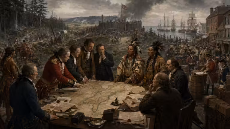 British officers, colonial representatives and Indigenous diplomats debate territorial claims around a map of North America during the Seven Years’ War and the imperial crisis
