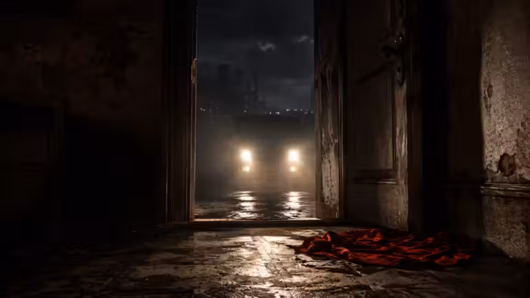 Open doorway at night with black van headlights and red fabric, symbolising the ambiguous ending of The Handmaid’s Tale