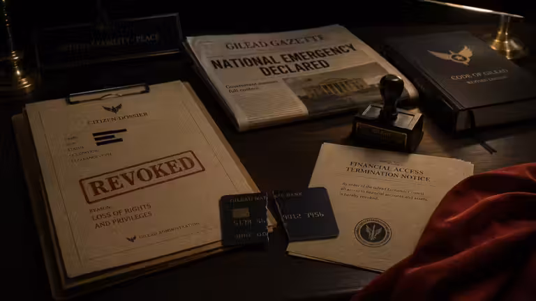 Dark administrative desk with revoked documents, a cut bank card and red fabric, symbolising Gilead’s rise to power in The Handmaid’s Tale