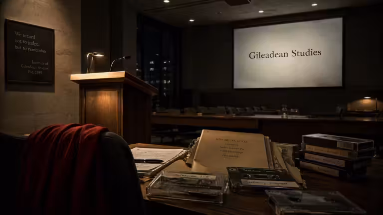 Empty academic lecture hall with archival tapes, Gileadean Studies screen and red fabric, symbolising the Historical Notes in The Handmaid’s Tale