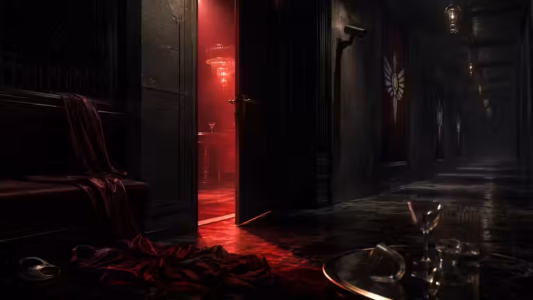 Dark nightclub corridor with red light, abandoned glasses and a crumpled costume, symbolising Jezebel’s in The Handmaid’s Tale