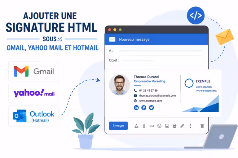 Illustration montrant une signature HTML professionnelle intégrée dans un nouveau message sur Gmail, Yahoo Mail et Outlook.