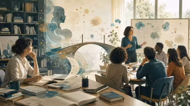Un groupe d'adultes est assis autour d'une table sur laquelle sont posés des livres, écoutant une femme qui fait un exposé près d'un tableau blanc. En arrière-plan, des illustrations abstraites représentant un pont, des profils humains et des formes géométriques bleues flottent dans l'espace, symbolisant le lien, l'apprentissage et la collaboration — reflétant ainsi les principes de la didactique des langues étrangères et soulignant l'importance de la compréhension des différences dans l'enseignement des langues.