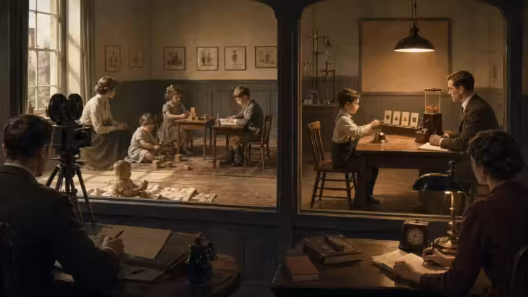 Une salle d'époque est séparée par une vitre ; d'un côté, des enfants et des femmes jouent et apprennent, illustrant ainsi la didactique des langues, tandis que de l'autre, un garçon passe un test en présence d'un homme, dans un clin d'œil évident au behaviorisme. Deux adultes observent et prennent des notes, entourés d'équipements scientifiques et de livres d'époque.