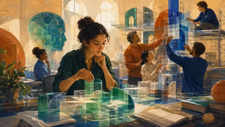 Six personnes assemblent des formes géométriques translucides dans une pièce baignée de soleil, où s’alignent des livres et de grands plans. Une femme, au premier plan, examine d’un air pensif une forme verte. Cette scène incarne le travail d’équipe, la créativité et la concentration propre aux activités scientifiques ou architecturales, reflétant ainsi les principes du constructivisme, les participants construisant activement leurs connaissances à travers une exploration collaborative.