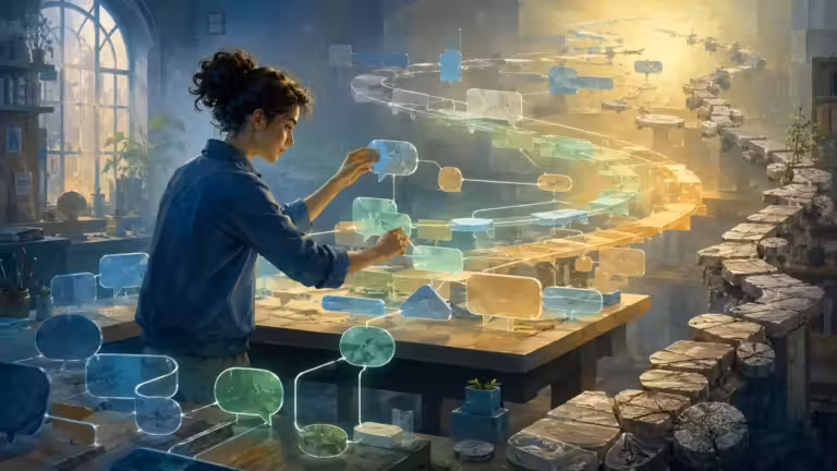Une femme dispose des formes lumineuses et translucides ainsi que des bulles de dialogue — dont certaines comportent de subtiles erreurs — sur une table, dans un atelier encombré et baigné de soleil. Un chemin en spirale, formé de formes flottantes, s'élève depuis la table vers un arrière-plan lumineux et onirique, évoquant la créativité, la pensée complexe et les processus fascinants de l'interlangue et de la fossilisation.