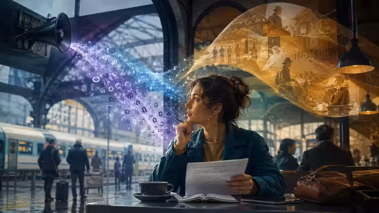 Dans le café d’une gare, une femme lit, un papier et un stylo à la main. Des images tourbillonnantes s’échappent d’un haut-parleur : d’un côté, des flux de données numériques représentent des processus ascendants, tandis que de l’autre, des scènes historiques aux tons sépia évoquent des processus descendants. Des trains, des passants et des fenêtres cintrées peuplent cet arrière-plan animé et évocateur, tandis que l’ambiance laisse entrevoir la compréhension complexe d’une langue qui se déploie autour d’elle.