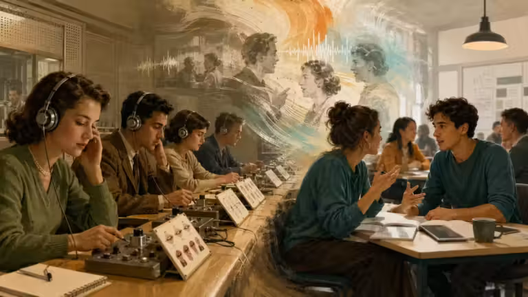 Un groupe est assis devant un tableau de commande rétro, équipé de casques audio, et surveille les cadrans. Au premier plan, deux personnes discutent avec animation — un peu comme les participants à un cours de langue — tandis que, au-dessus d'elles, des coups de pinceau artistiques tourbillonnants représentent d'autres silhouettes fantomatiques et des ondes sonores, mêlant ainsi réalité et communication abstraite.