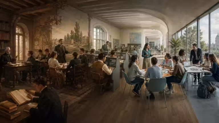 Une image en deux parties montre, d'un côté, une bibliothèque historique où des personnes lisent des livres et, de l'autre, une salle de classe moderne où des élèves utilisent des ordinateurs portables et des tablettes, séparées par une ligne de démarcation à peine visible, illustrant ainsi le contraste entre les méthodes d'enseignement traditionnelles et contemporaines dans l'étude des langues étrangères et de l'histoire.