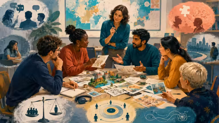 Six personnes d'horizons divers sont assises autour d'une table et discutent de documents et de graphiques, incarnant ainsi les principes et les avantages d'un travail d'équipe efficace. Une femme se tient debout et anime la conversation en adoptant une approche communicative. Une carte est accrochée au mur derrière elles. Des illustrations représentant des échelles, des cercles concentriques et des schémas de réseau viennent se superposer à la scène, symbolisant la collaboration et l'analyse.