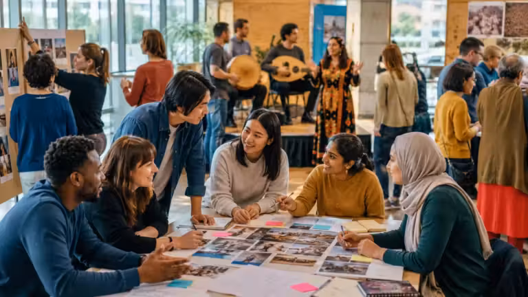 Un groupe hétéroclite de personnes se rassemble dans une salle lumineuse. Six d'entre elles sont assises autour d'une table et discutent de photos et de post-it, en adoptant une approche communicative pour échanger leurs idées, tandis que les autres discutent entre eux. Des musiciens jouent en fond sonore. L'ambiance est animée et collaborative, et la lumière naturelle inonde la pièce à travers de grandes fenêtres.