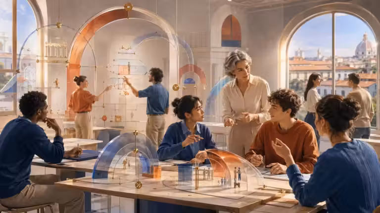 Dans une pièce baignée de lumière, un groupe hétéroclite de personnes travaille en collaboration sur des maquettes scientifiques, au milieu d’arcades en verre. Mettant l’accent sur la forme, l’une d’entre elles écrit sur un tableau transparent afin de garantir la clarté des idées partagées, tandis qu’une autre se tient près des maquettes. De grandes baies vitrées en arc donnent sur un paysage urbain parsemé de dômes. L’atmosphère est à la fois concentrée et créative.