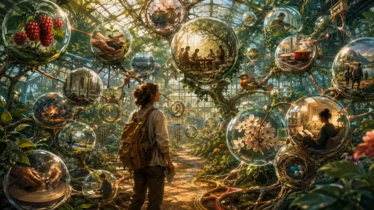 Une personne portant un sac à dos se tient debout dans une serre luxuriante, entourée de sphères de verre flottantes, chacune renfermant des scènes miniatures représentant notamment des personnes en train de dîner, des fleurs, des oiseaux et des paysages. La lumière du soleil pénètre à flots à travers le plafond de verre, créant une atmosphère magique et onirique où les images semblent défiler comme des mots qui traversent l’esprit lors d’une répétition espacée destinée à la mémorisation.