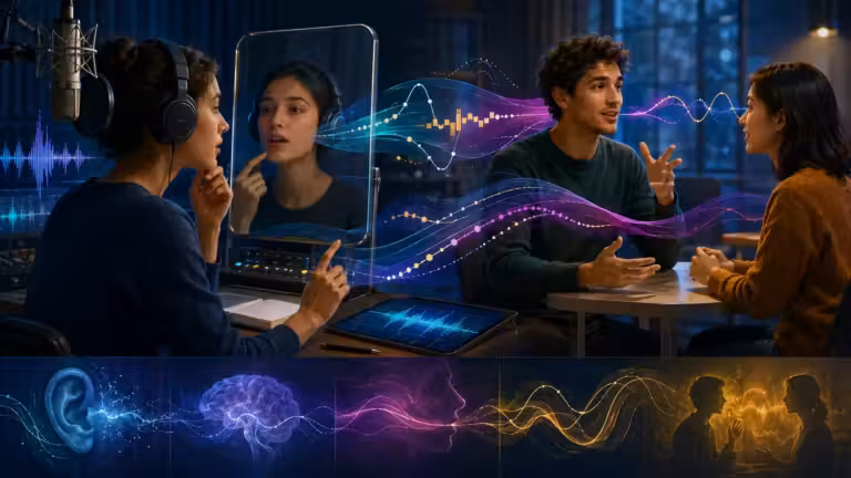 Dans un studio, une femme parle dans un micro, en se concentrant sur sa prononciation tout en se regardant dans un miroir. Un homme et une femme discutent autour d'une table ; des ondes sonores colorées les relient, symbolisant le flux du rythme et de la prosodie dans leur communication. En dessous, des images d’une oreille, d’un cerveau et de silhouettes accompagnées d’autres ondes sonores représentent les capacités d’écoute et le processus complexe de compréhension par la parole.