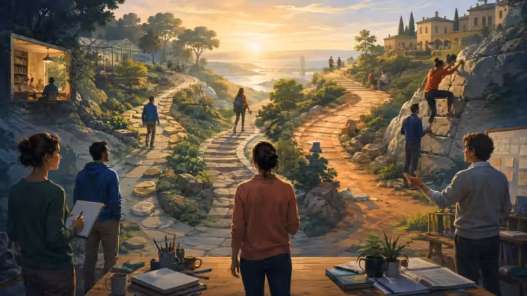 Une personne se tient à un croisement de chemins, face à un lever de soleil pittoresque, tandis que des gens marchent sur chacun des chemins. Le décor est luxuriant et verdoyant ; on aperçoit, au premier plan, des cahiers, des plantes et du matériel artistique posés sur une table — des outils parfaits pour motiver les élèves lors d’un cours de langue inspirant. Des maisons et la mer se dessinent à l’arrière-plan.